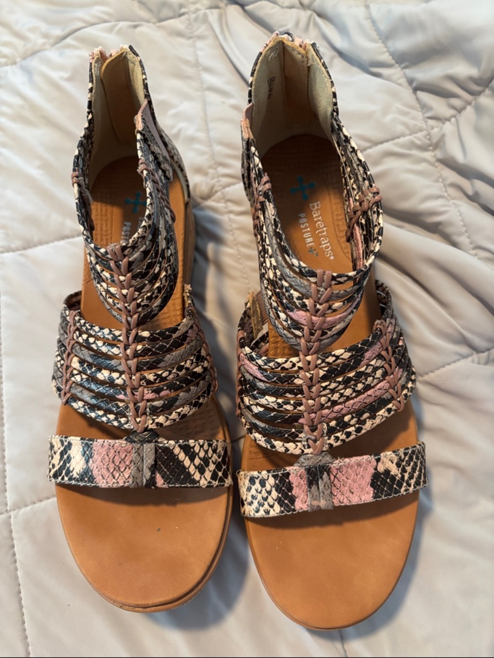 BareTraps Pink and Black Snake-Print Gladiator Sandals